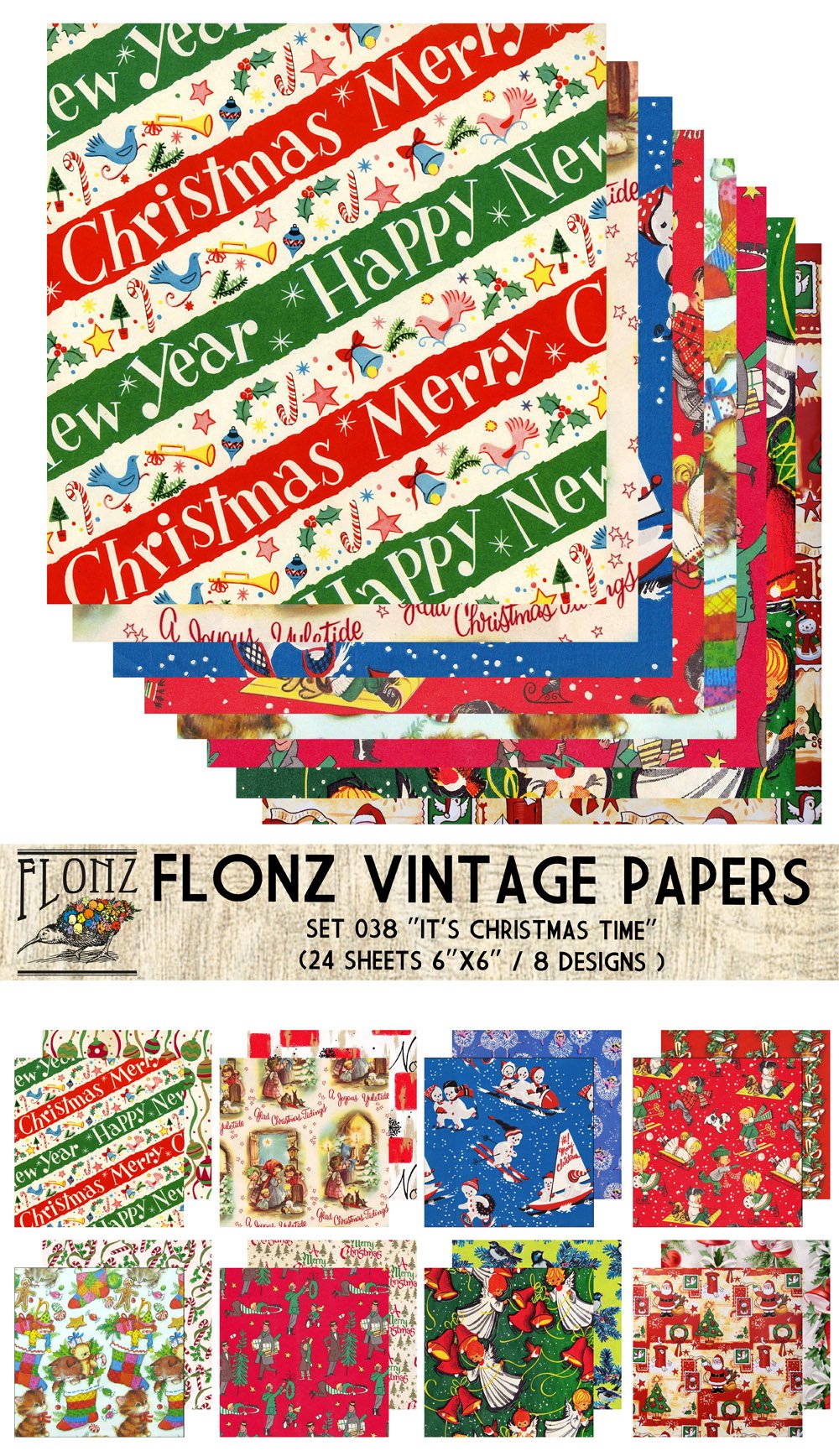 Paper Pack (24sh 6"x6") It's Christmas Time FLONZ Vintage Paper for Scrapbooking and Craft