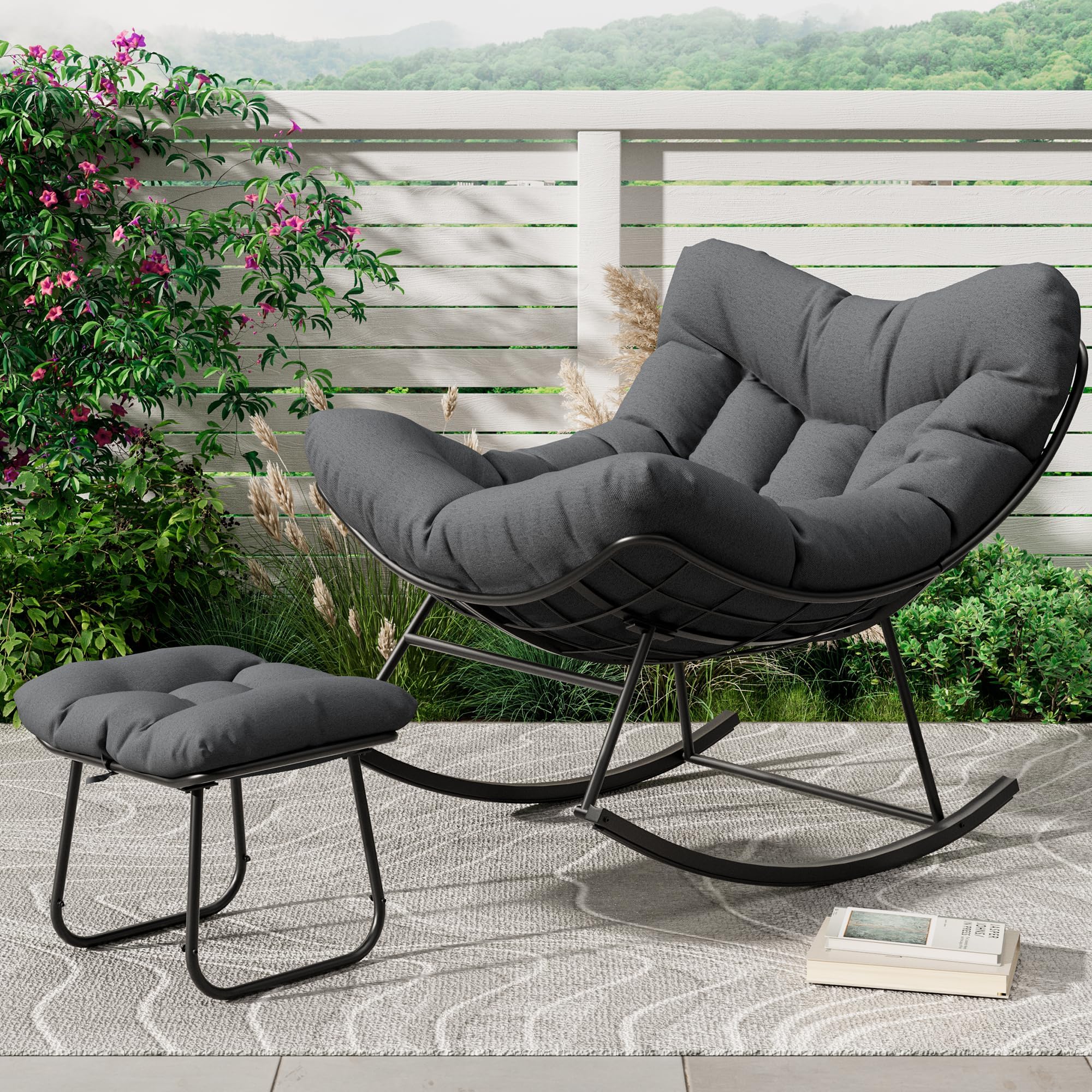 Sedia a dondolo esterno oversize forma uovo poggiapiedi - Seduta ergonomica tessuto grigio imbottitura spessa, struttura in metallo resistente alle intemperie, moderna sedia giardino giardino