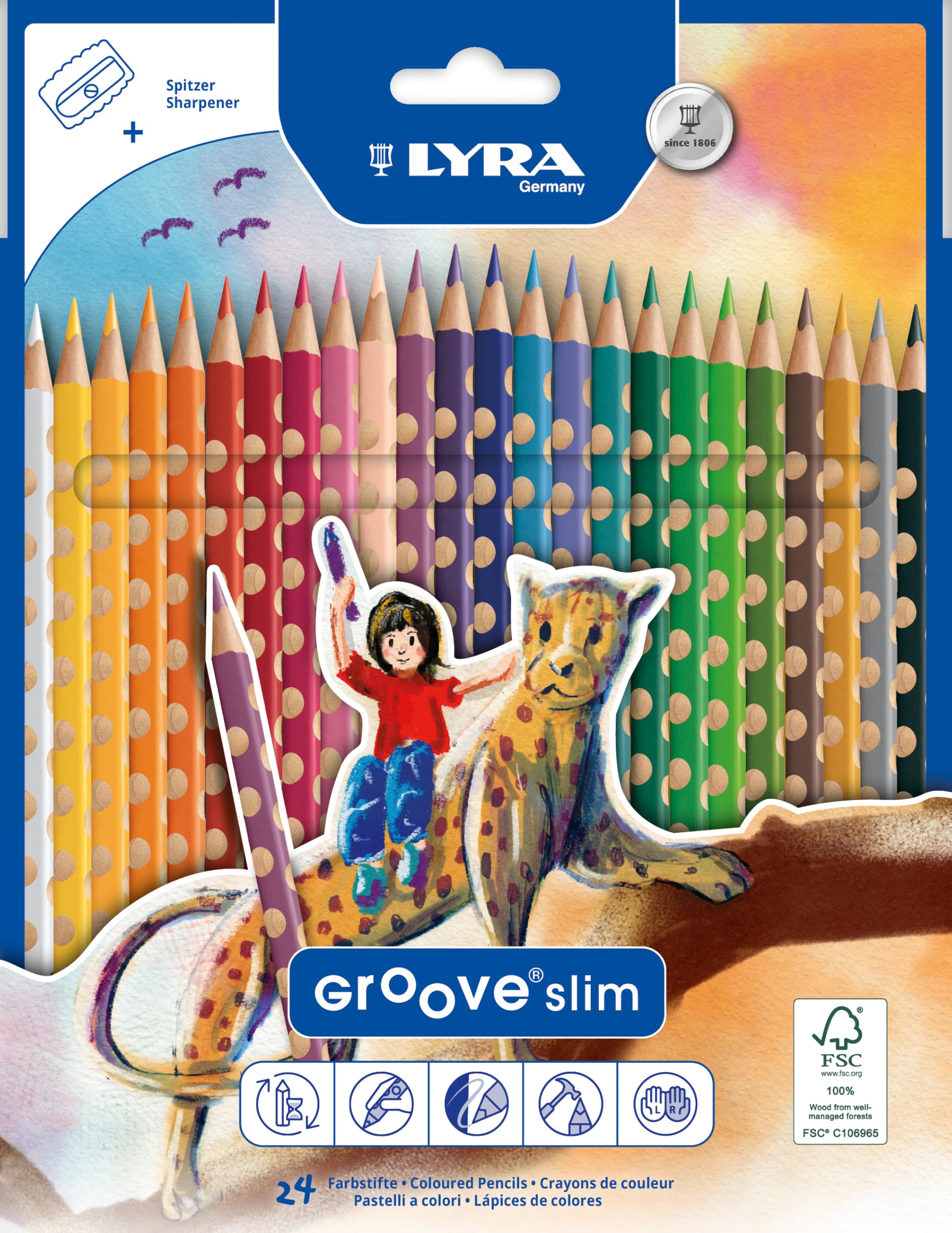 LYRA Groove Slim Child-Grip Pencils, 3.3 Millimeter Cores, Includes Sharpener, Set of 24 Pencils, Assorted Colors (2821240) by Lyra