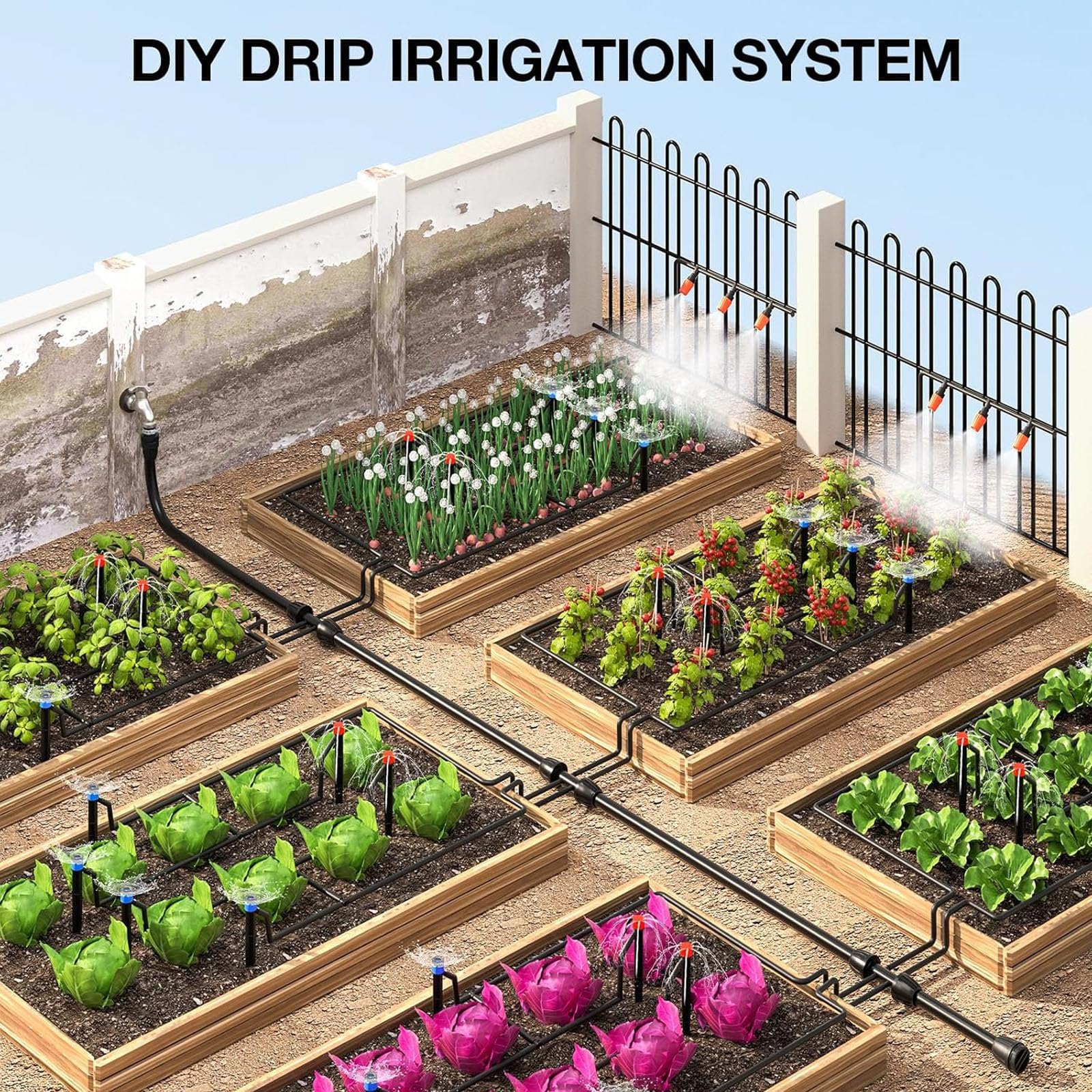 Completo Di Irrigazione A Goccia Fai Da Te: Tubo Principale Da 8 M + Tubo Di Diramazione Da 60 M Con Spruzzatori Regolabili Versatili (3 Tipi Di Ugelli) Per Giardino, Serra,A