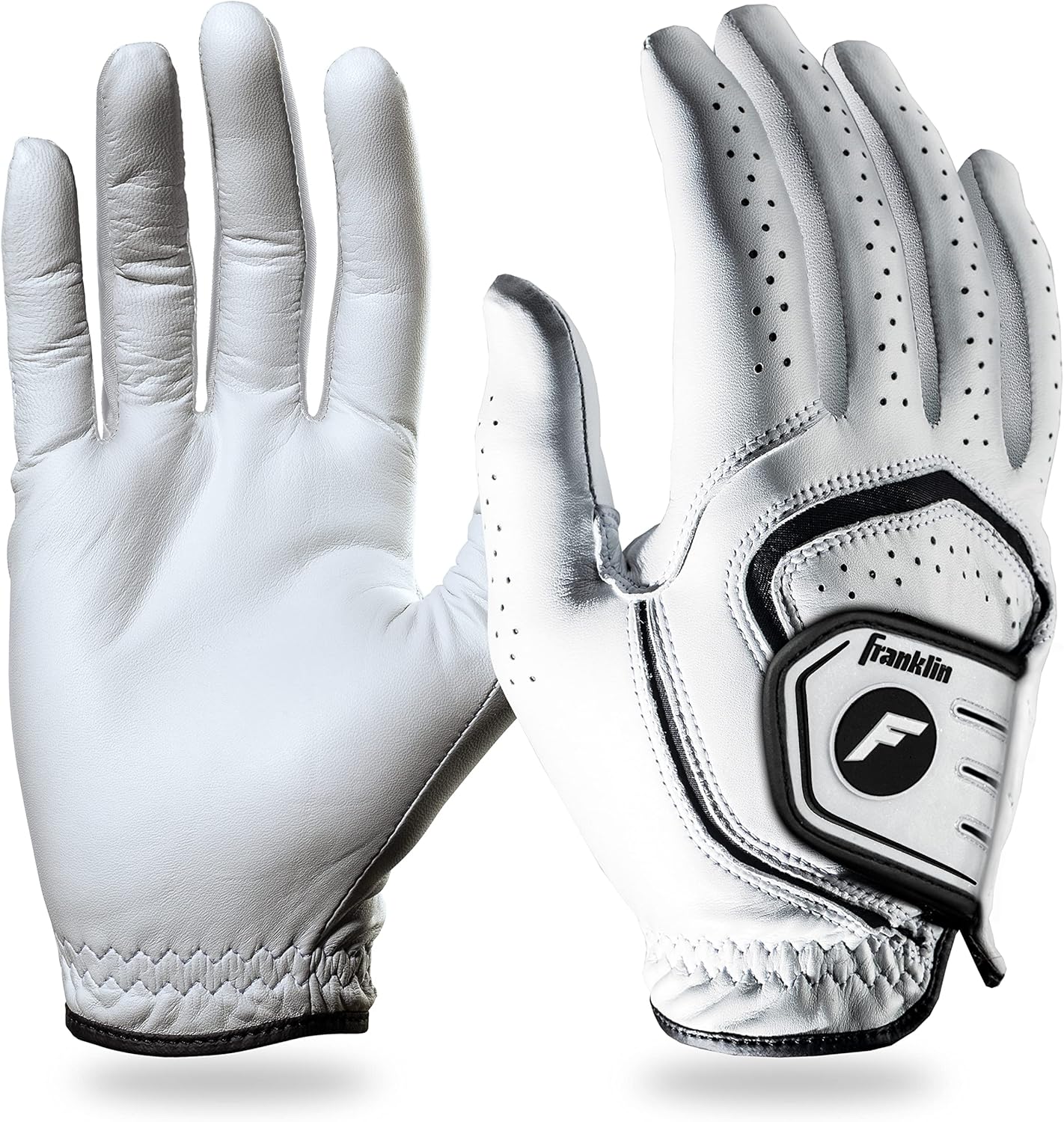 Franklin Sports Golf Glove - Pro Golf Gloves - Premium Leather Golfing Glove - Maximum Grip - White - Black