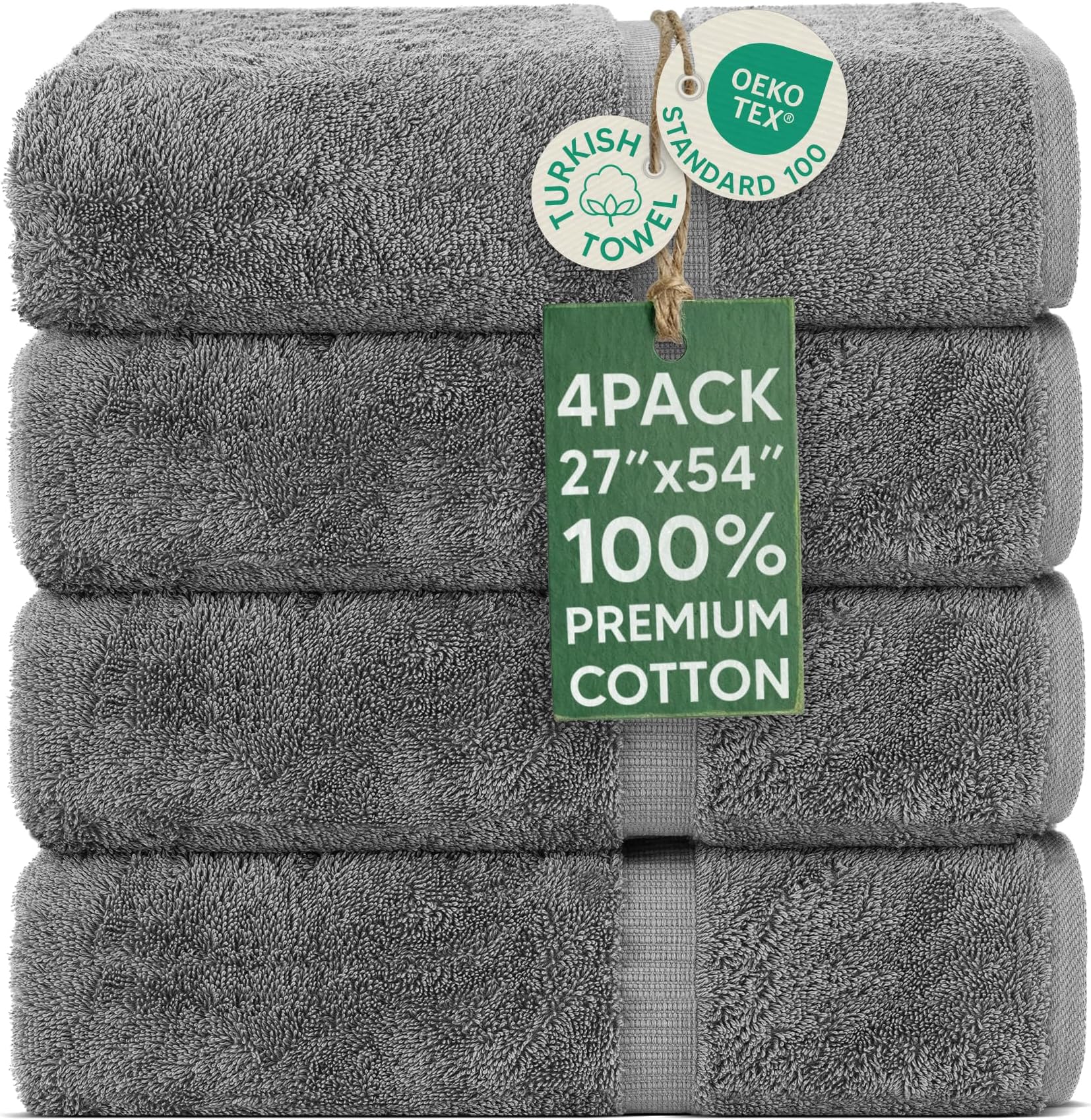 4 Piece Bath Towel Set, Cotton Luxury Turkish Towels for Bathroom, Soft Absorbent Bath Towels, 27 x 54 Inches, Gray