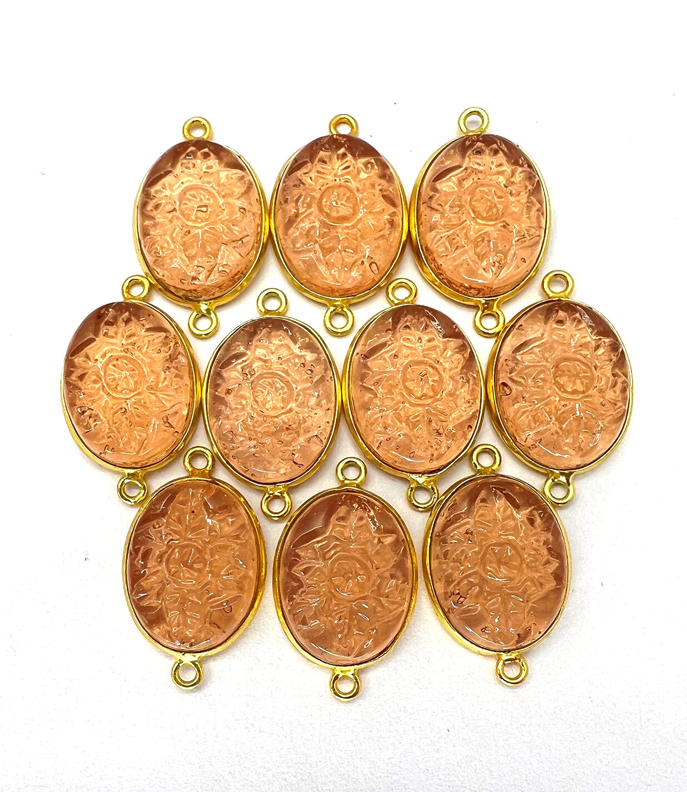 ZOYLA Sunstone Quartz Gemstone Bezel Connectors, Double Bail Loop 14k Gold Plated Oval Bezel Set 2 Pieces Connectors, Sunstone Quartz Carving 20x16x7 MM Charm Connector SunstoneGCGC11, Stone