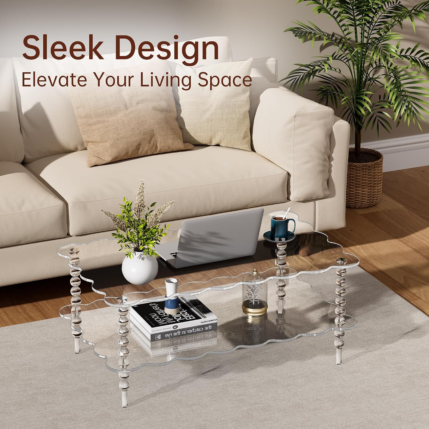 Acrylic Coffee Table, 2-Tier Living Room Table with Storage, Center Table Mid-Modern Century for Living Room, Easy to Assemble (Clear, 37.8“×23.6“×15.7”)