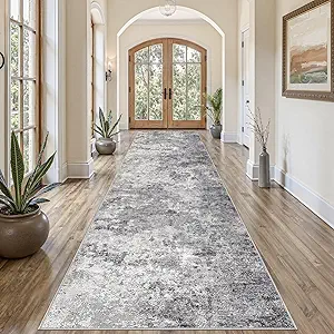 3X12 Washable Runner Rug for Hallway: Soft Neutral Modern Abstract Area Rug - Non-Slip Low Pile Long Throw Indoor Carpet for Kitchen Entryway Kitchen Bedroom Laundry - Grey