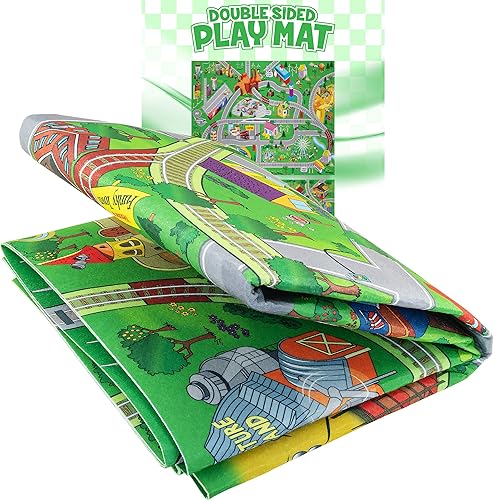 Alfombra de juego infantil de doble cara con trenes, coches, carreteras, ciudad