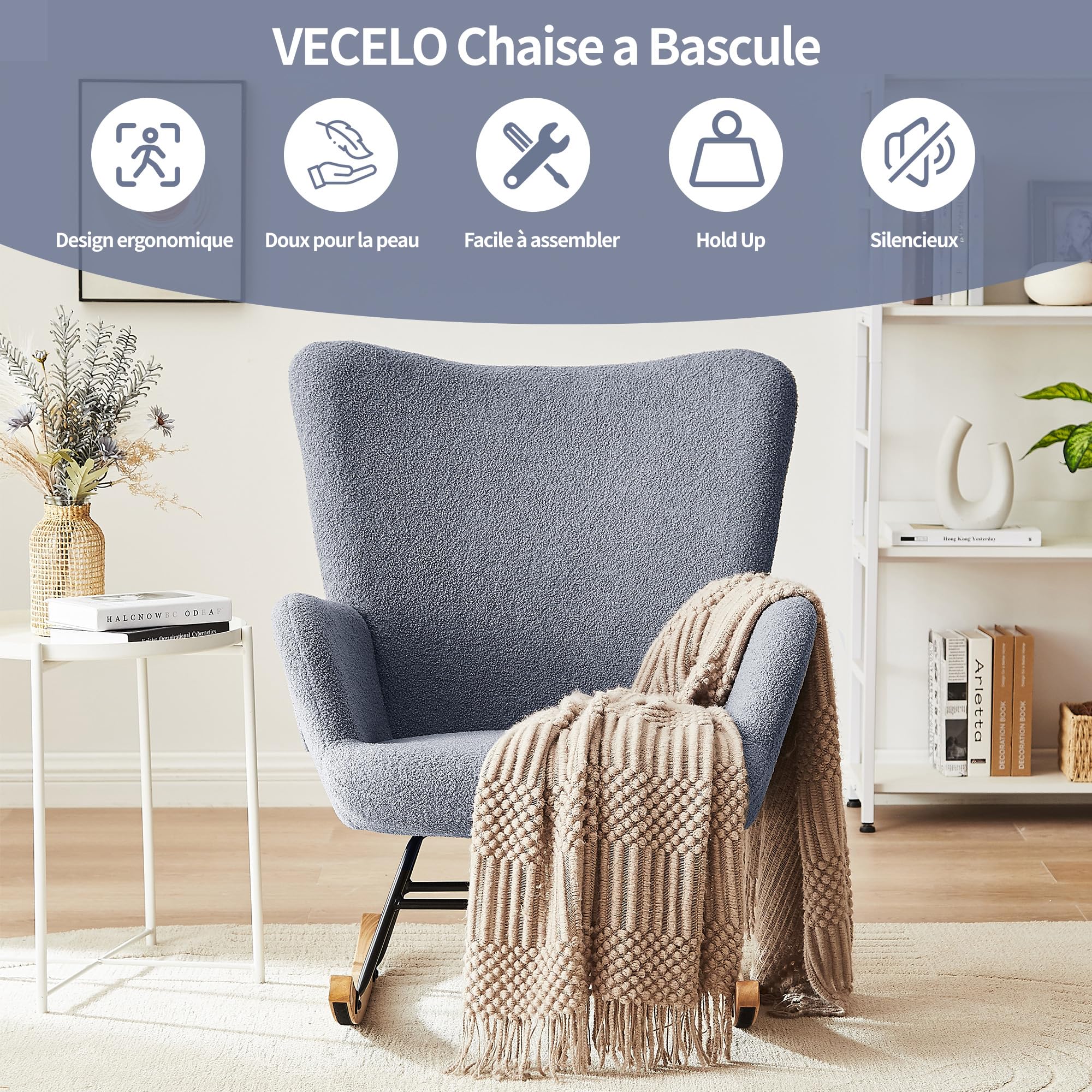 VECELO Fauteuil à Bascule Allaitement Moderne en Tissu Bouclé, avec Dossier Haut, Accoudoirs et Poche, Structure en Acier, Pieds en Bois Massif, pour Chambre, Salon
