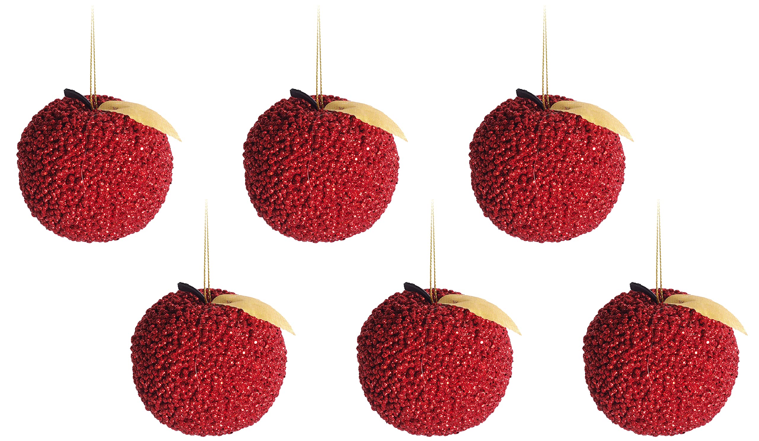 BWG Red Glitter Apple Christmas Tree Baubles Decorations (Set of 6)