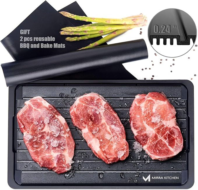 Extra Thick Fast Defrosting Tray - Dishwasher Safe Large Thawing Plate with Drip Tray Set - Non-Stick Coated Thawing Board for Frozen Meat and Food - No Plug Natural Defrost Miracle Thaw Master Mat