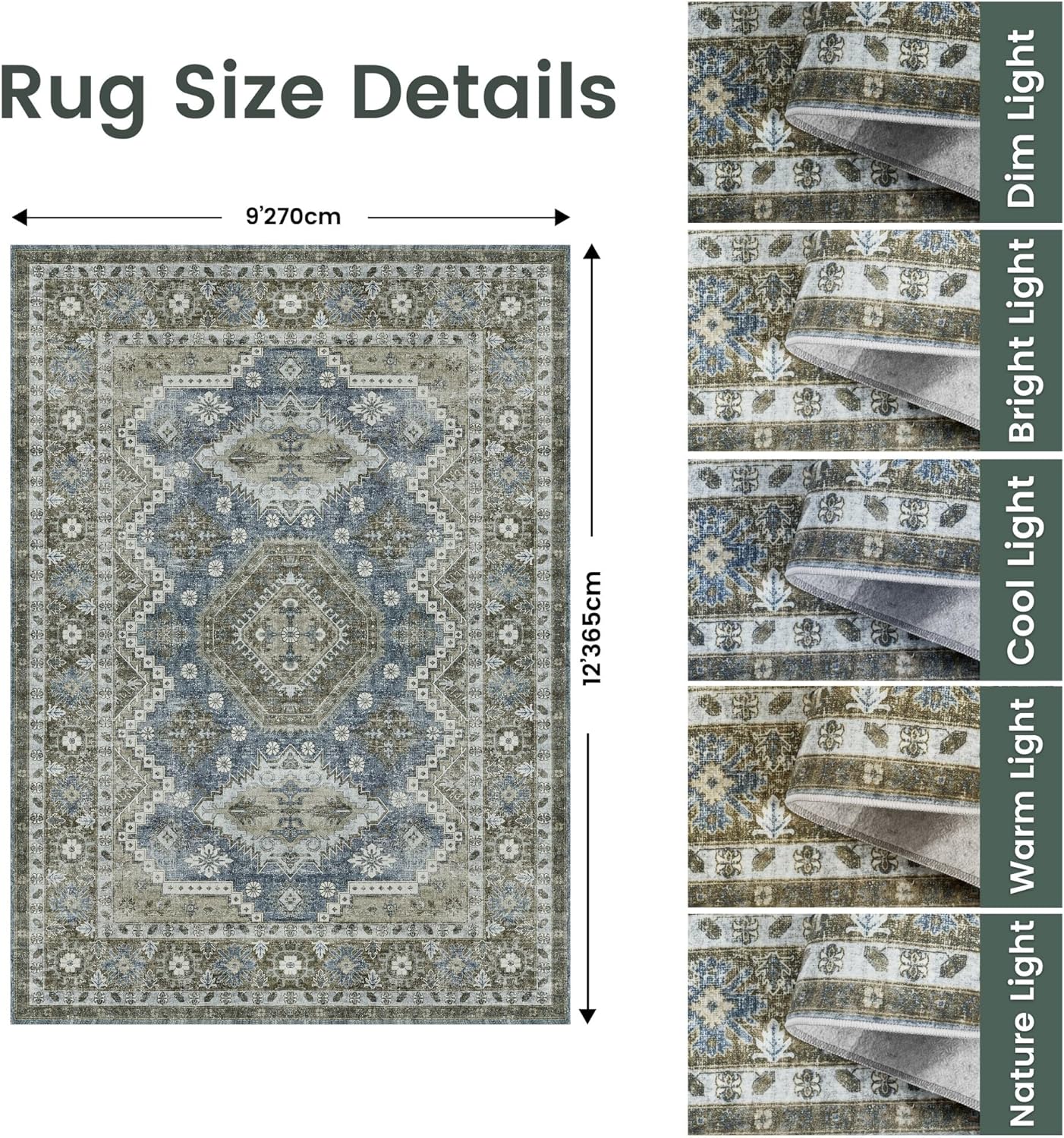 rugland 9x12 area rug - stain resistant washable rug, anti slip backing rugs for living room, vintage tribal area rugs (tpr07-green, 9'x12') tpr07-green 9' x 12' (rectangular)