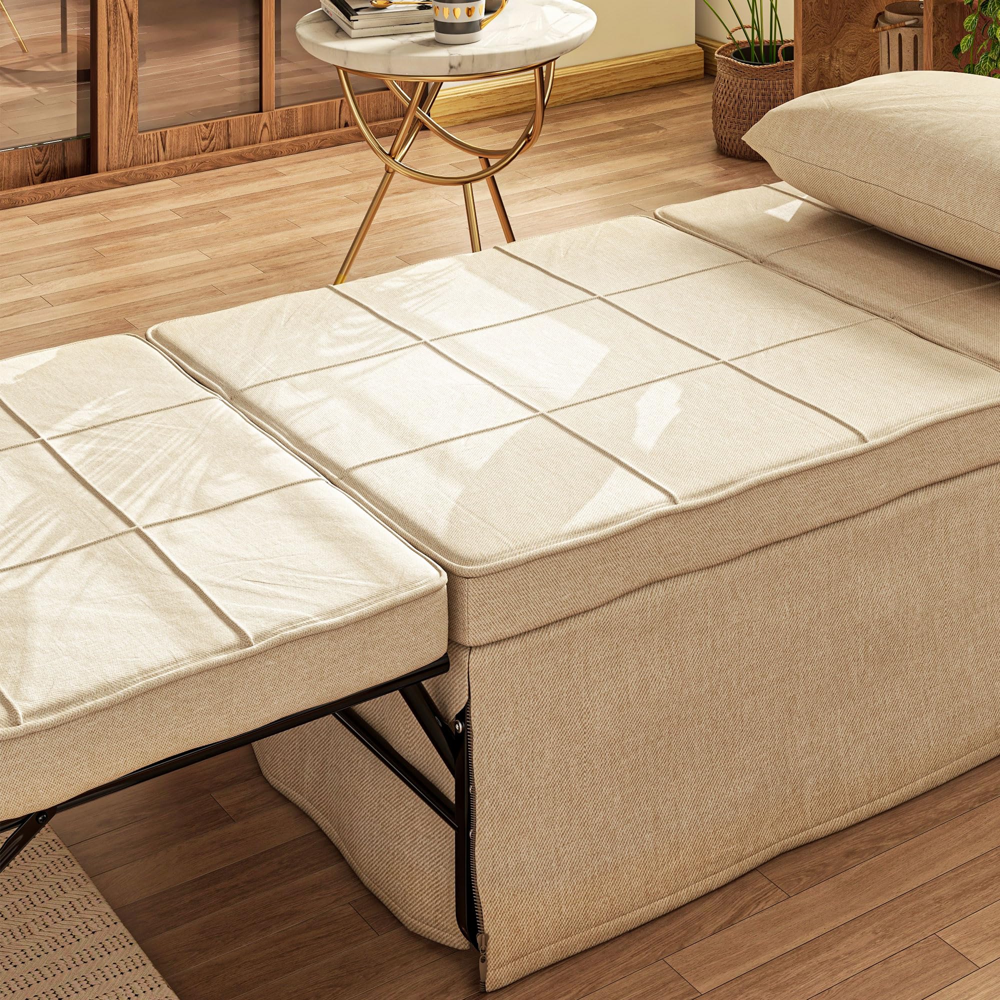 HOMCOM Sofá Cama de 1 Plaza 4 en 1, Sillón Cama Plegable, Otomana, Tapizado en Lino, con Respaldo Ajustable de 5 Niveles, Almohada Acolchada, para Oficina, Dormitorio, Salón, 75x80x74 cm, Crema