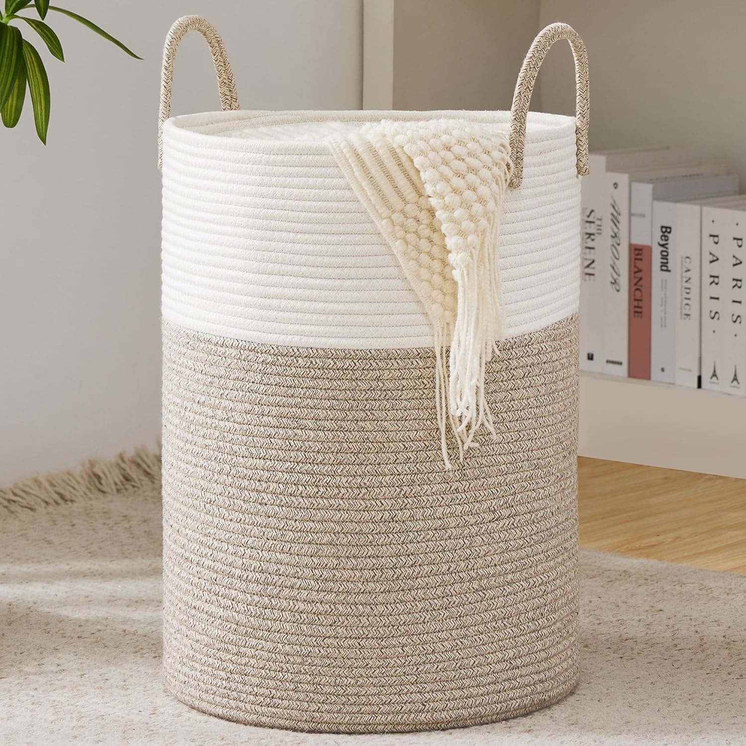 Cotton Rope Laundry Basket by YOUDENOVA, 58L Woven Collapsible Laundry Hamper, Clothes Hamper with Reinforced Handles in the Laundry Room, Bedroom, Bathroom, Brown 58L Brown