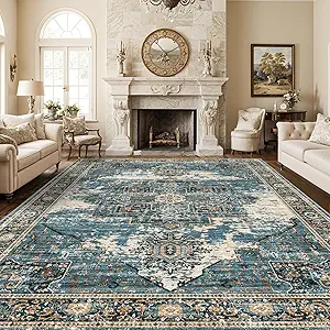 Washable 10x14 Area Rugs - Large Rugs for Living Room Stain Resistant Carpet Vintage Rugs for Bedroom with Non Slip Backing Home Decor Floor Decoration Mat 10x14 Blue