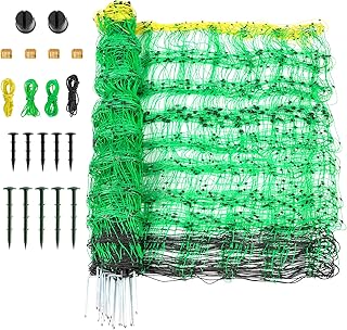 Electric Fence Netting, 49.6" H x 164' L, PE Net Fencing Kit with 14 Posts Double Spiked, Utility Portable Mesh for Sheep Hogs Goats Deer Dogs Lambs Used in Backyards Patio Farms Ranches, Green