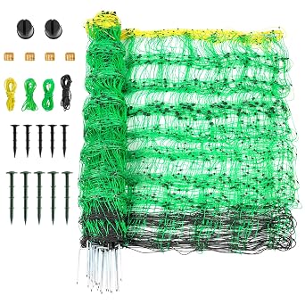 Electric Fence Netting, 49.6" H x 164 L, PE Net Fencing Kit with 14 Posts Double Spiked, Utility Portable Mesh for Sheep Hogs Goats Deer Dogs Lambs Used in Backyards Patio Farms Ranches, Green