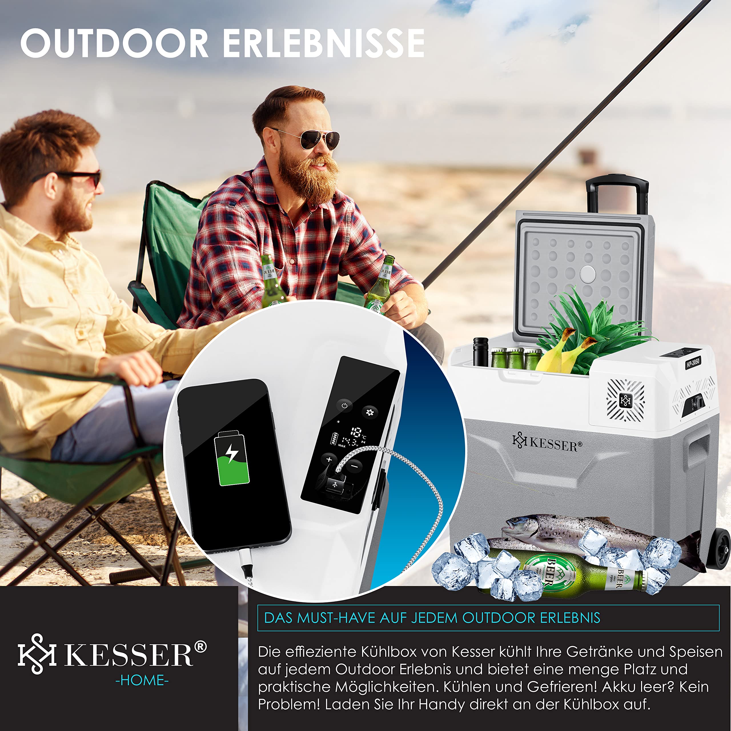 KESSER® Kompressor Kühlbox elektrisch Gefrierbox, 50 Liter Mit APP-Steuerung USB-Anschluss 12/24 V 230V, +Teleskopstange, 2x Kühlakkus Räder Kühlschrank Kühlung bis -20 °C für Auto, Lkw, Boot