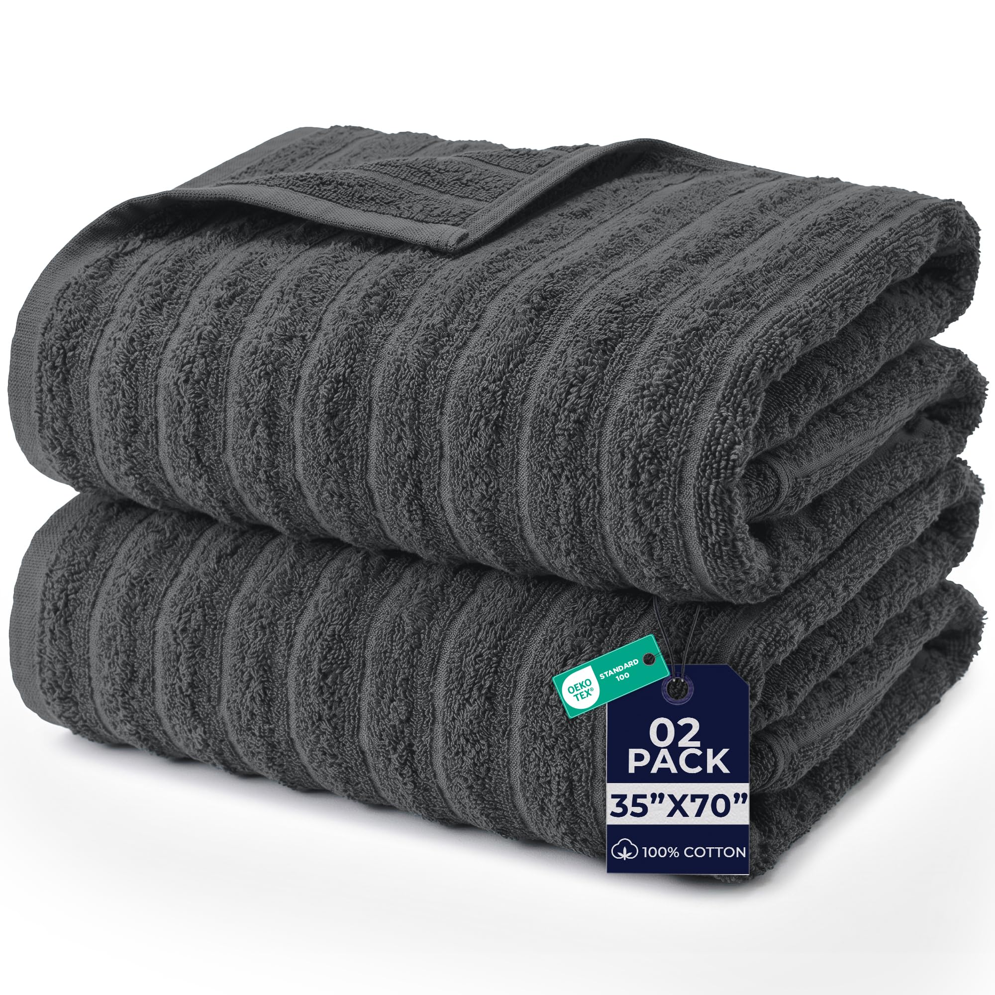 DAN RIVER Ribbed Extra Large Bath Sheets Pack of 2, 35 x 70 Inches, Gray