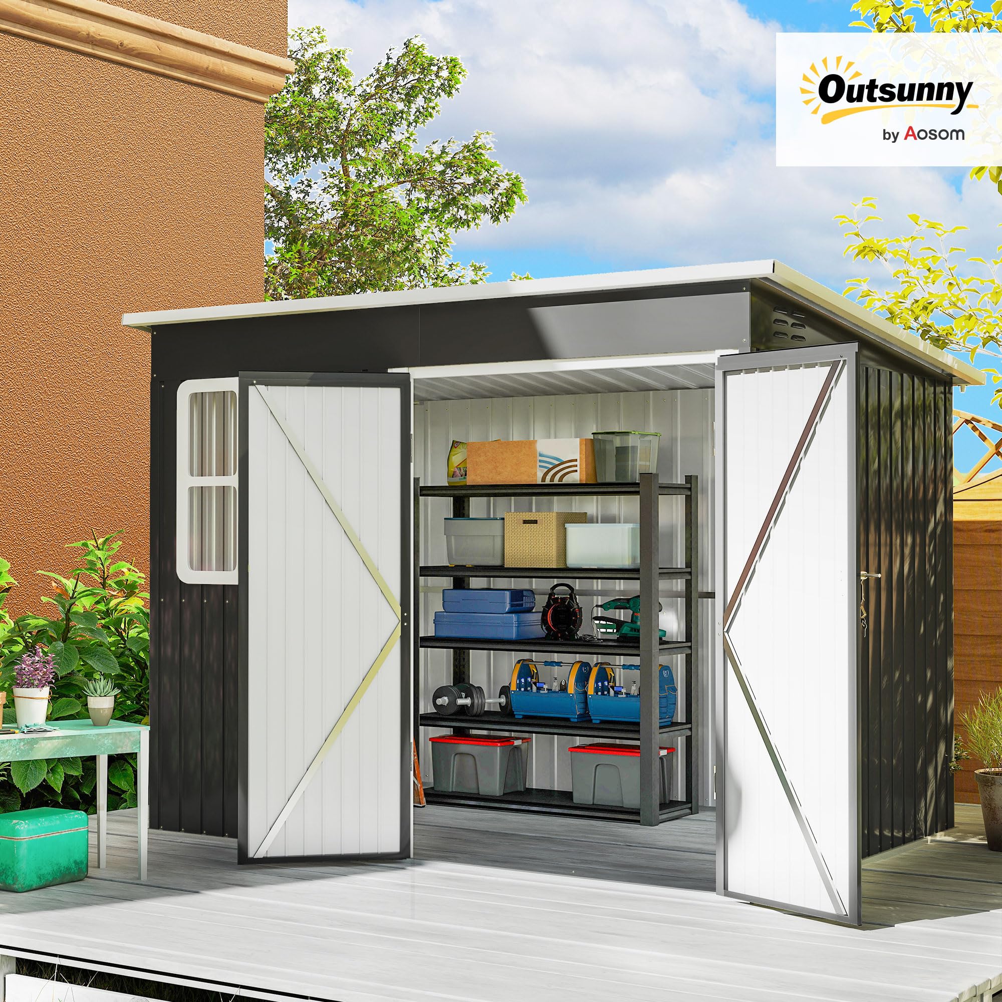 Outsunny Abri de jardin en métal 260 x 177 x 190 cm - 4,13 m² - Avec fenêtre - Toit en appentis - Porte verrouillable - Résistant aux intempéries
