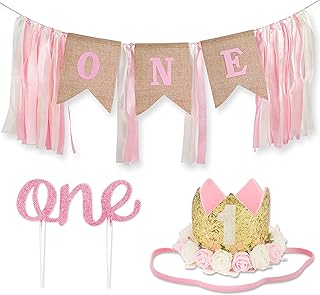 1st Birthday Girl Decorations WITH Crown - 1 Year Old Baby First Birthday Decorations Girl - Princess Theme Cake Smash Party Supplies - ONE High Chair Banner, Cake Topper, No.1 Flower Crown