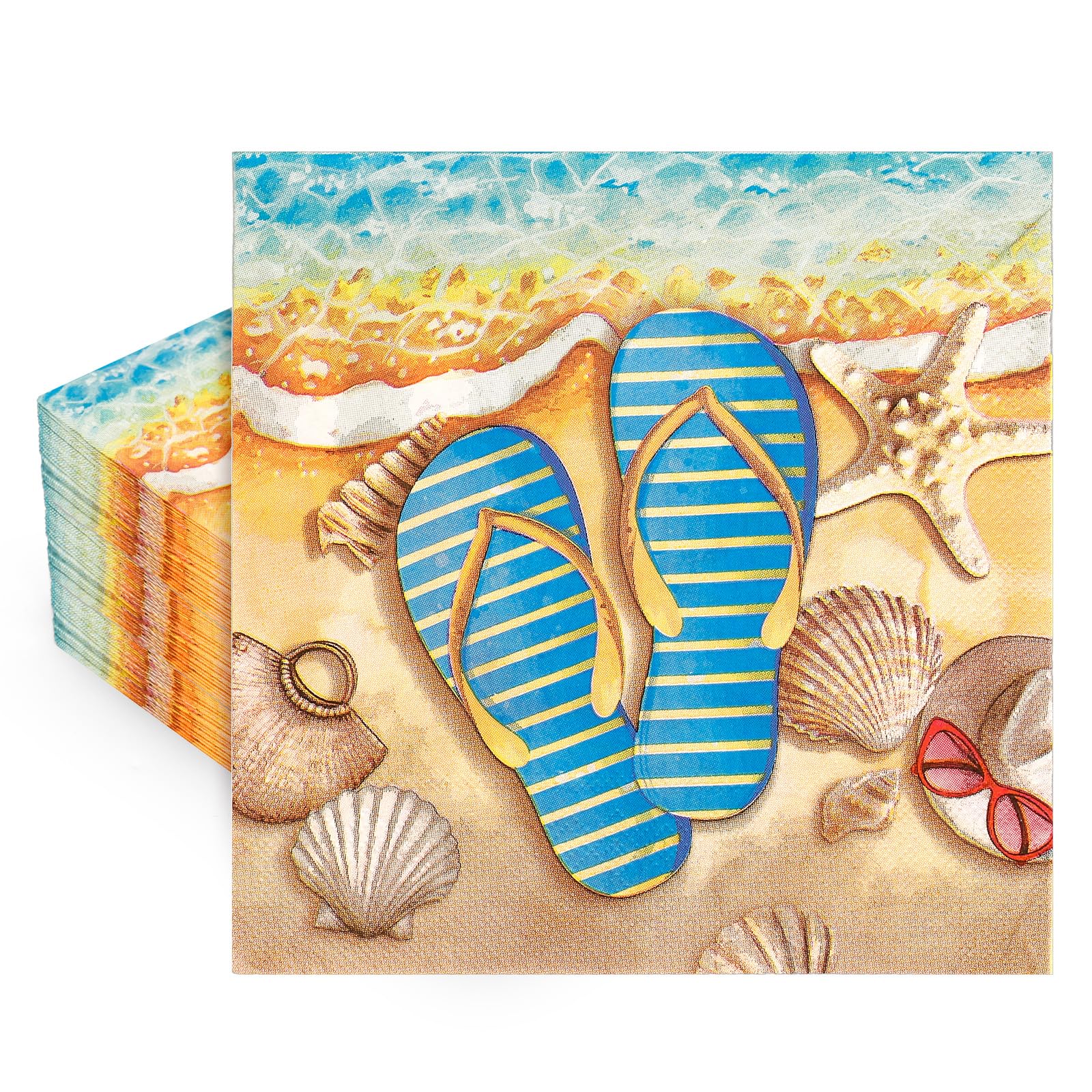 FYSUIMU 50 Pcs Summer Beach Paper Napkins Flip Flop Seashell Disposable Napkins Coastal Luncheon Dinner Napkin for Tropical Hawaiian Holiday Party