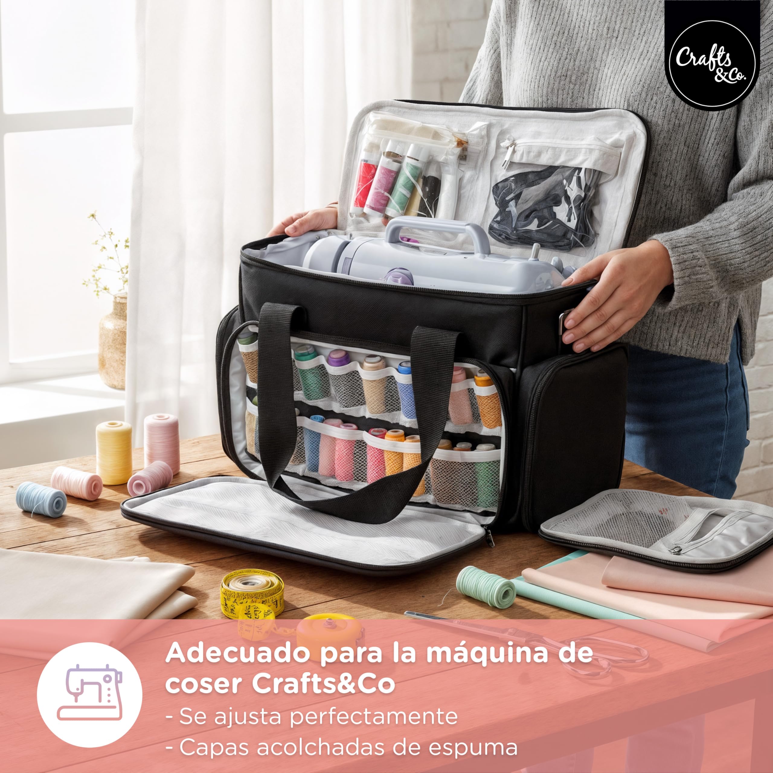 Crafts&Co® | Bolsa de máquina de coser con asas sólidas | Bolsa de transporte para máquina de coser | Con prácticos compartimentos de almacenamiento | Negro, negro, DIY