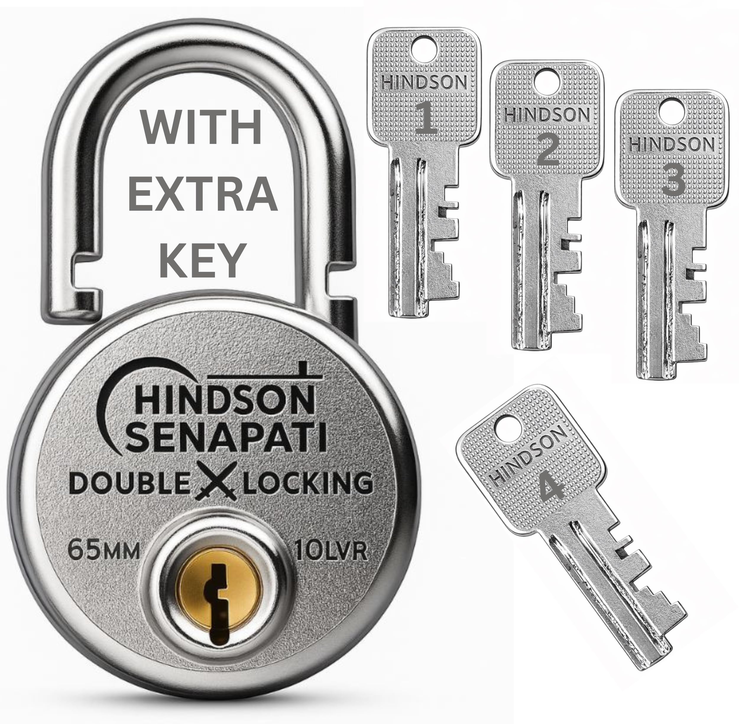 HINDSON Senapati 65mm Double Locking Padlock with 10 Lever Security and 4 Keys, Heavy Duty Lock and Key for Home, Door, Gate and Outdoor Use