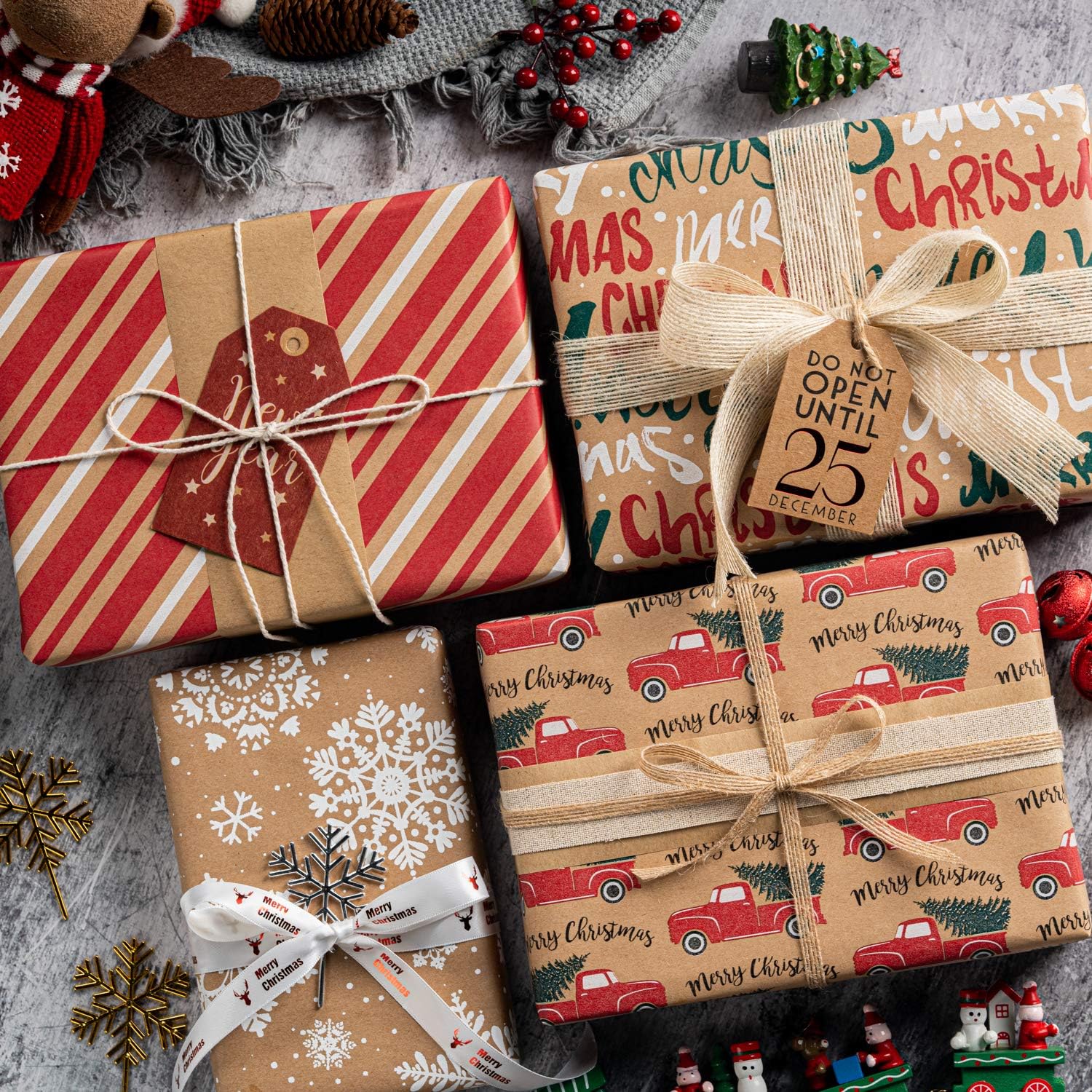 RUSPEPA Wrapping Paper, Kraft Paper - Snowflakes, Car and Christmas Tree, Stripes and Merry Christmas - 4 Rolls - 30 inches x 10 feet per Roll