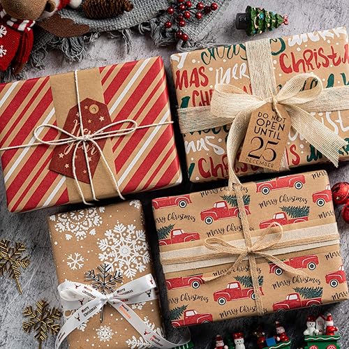 Miniatura 2 de RUSPEPA Papel de regalo de Navidad, papel kraft  copos de nieve, automóvil y árbol de Navidad, rayas y Feliz Navidad  4 rollos  30 pulgadas x 10