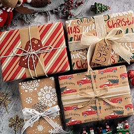 RUSPEPA Wrapping Paper, Kraft Paper - Snowflakes, Car and Christmas Tree, Stripes and Merry Christmas - 4 Rolls - 30 inches x 10 feet per Roll