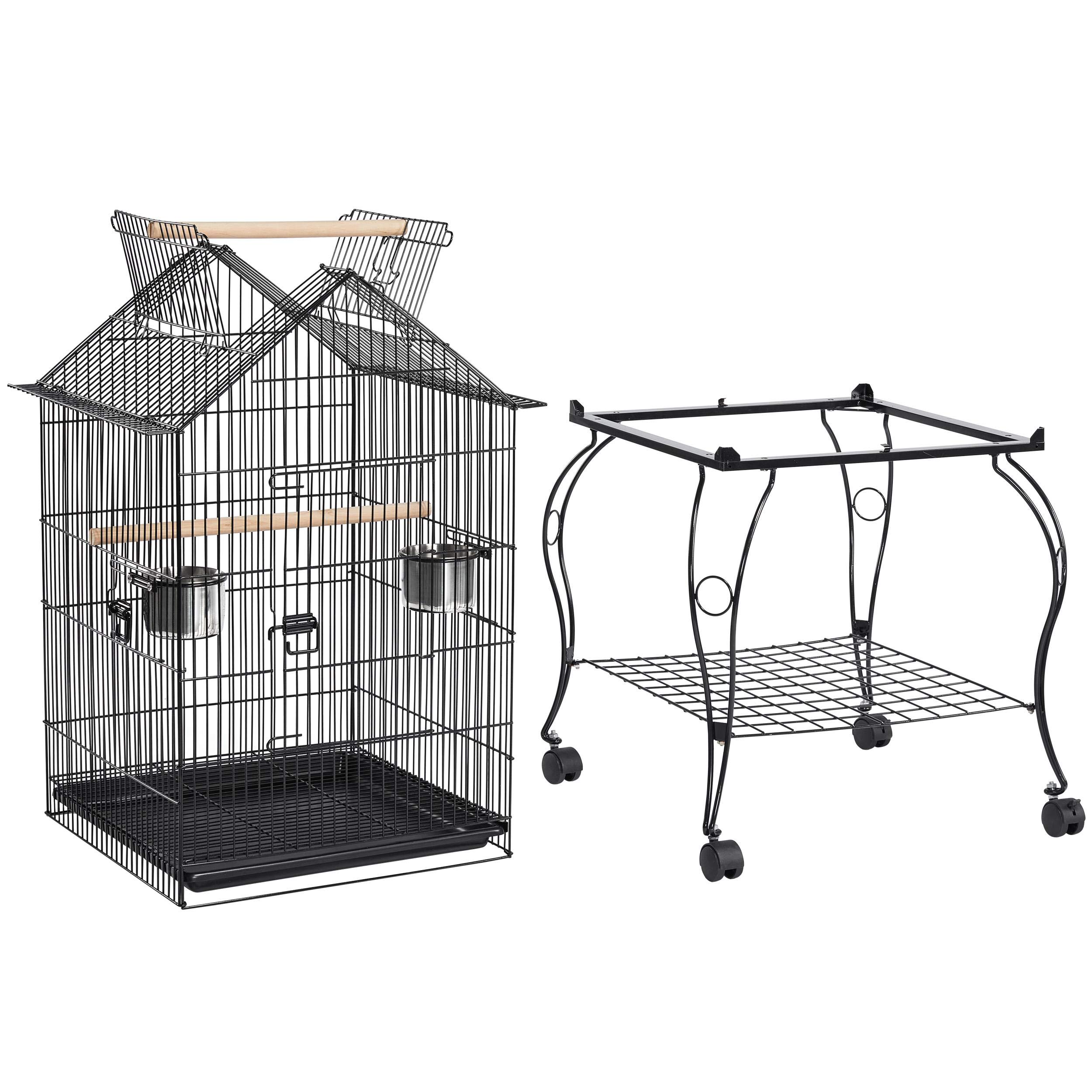 Yaheetech Jaula para Pájaros de Acero Inoxidable, Negro, Jaula con Ruedas Soporte Comedero 59 x 59 x 145 cm