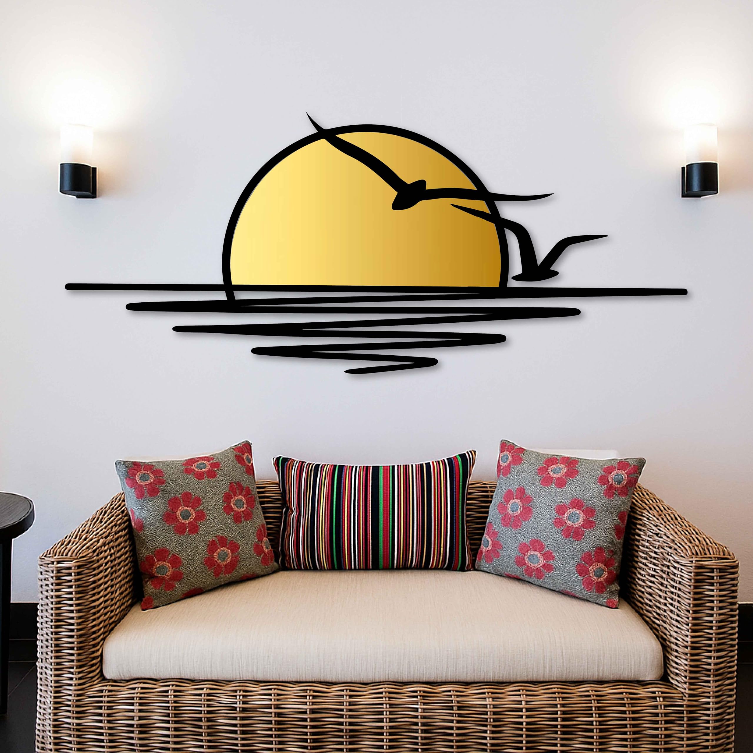 Decoración de pared de metal dorada con pájaros volando, decoración de pared extra grande con puesta de sol y gaviotas para patio, sala de estar o dormitorio, escultura de pared moderna de metal negro