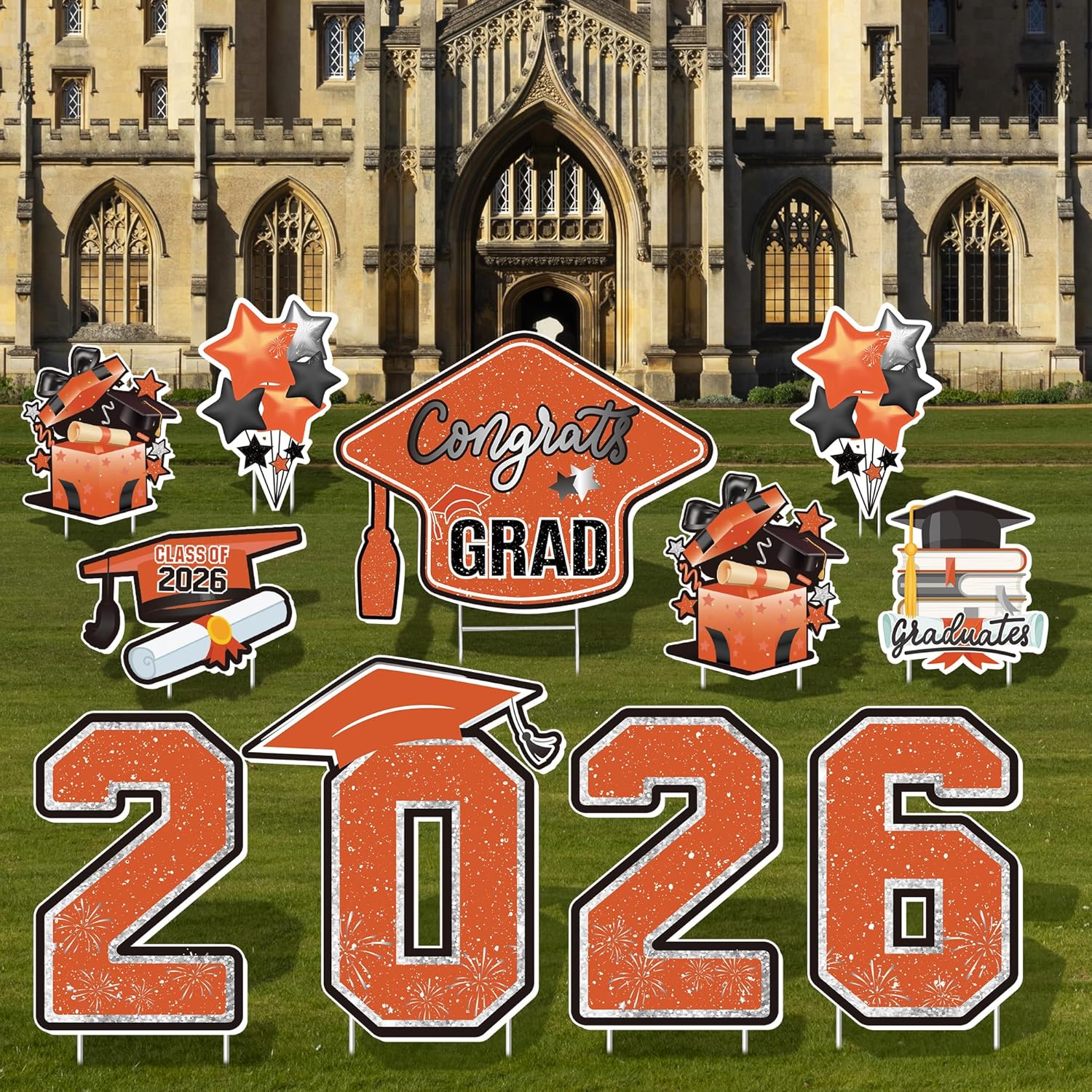 Large 11 PCS Graduation Yard Signs, Class of 2026 Congrats Grad Outdoor Lawn Yard Sign with Stakes, Graduate Yard Decorations for College High School Party, Orange