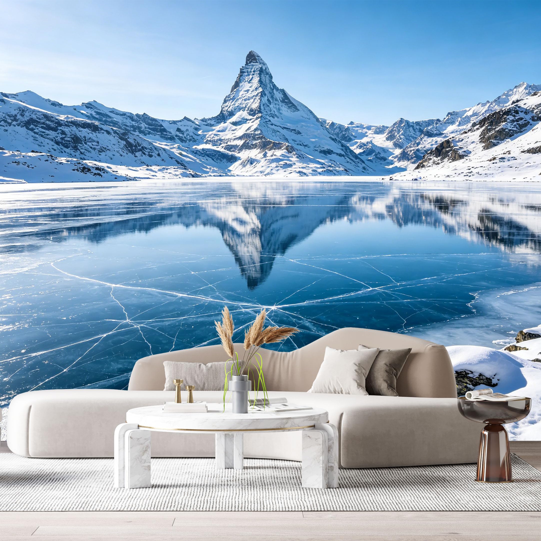 Custom Size Wall Murals Frozen Lake Landscape Mountain Peak Reflection Snow Ice Blue Sky SelfAdhesive Wall Fabric Removable Large Wallpaper for Photo Living Room