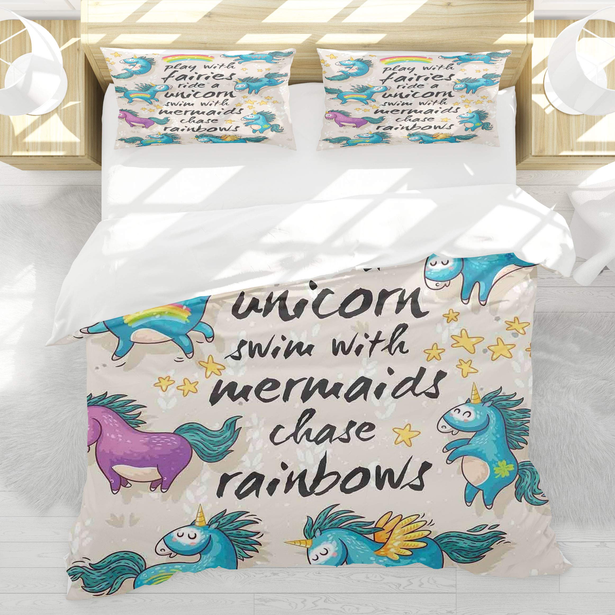 Parure de lit licorne 140x200 avec 2 taies d'oreiller pour enfant