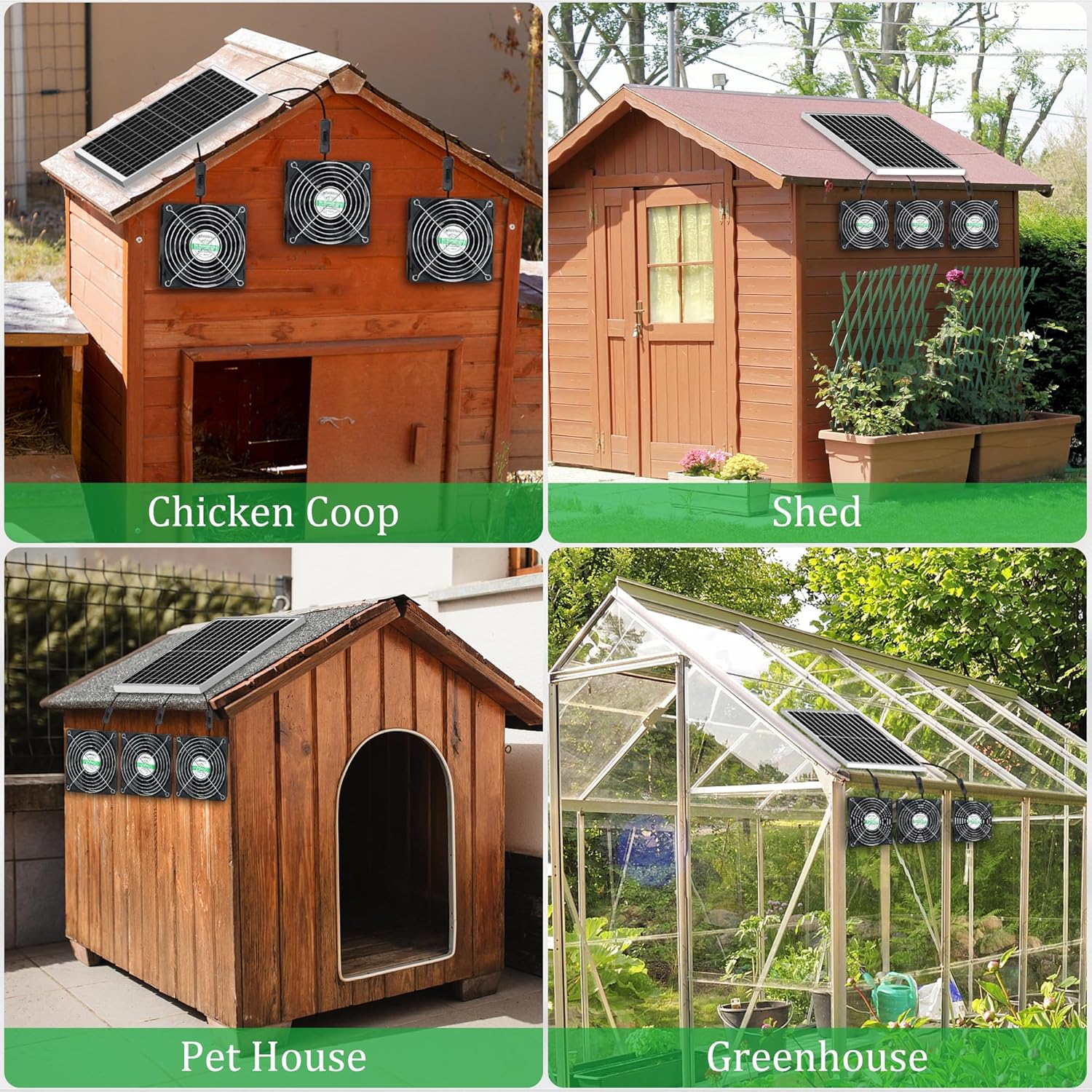 blessny Solar 3 Fan Kit for Intake or Exhaust air, Weatherproofed Solar Powered Fans for Outside Chicken Coops, Greenhouses, Shed, Pet House Air Ventilation