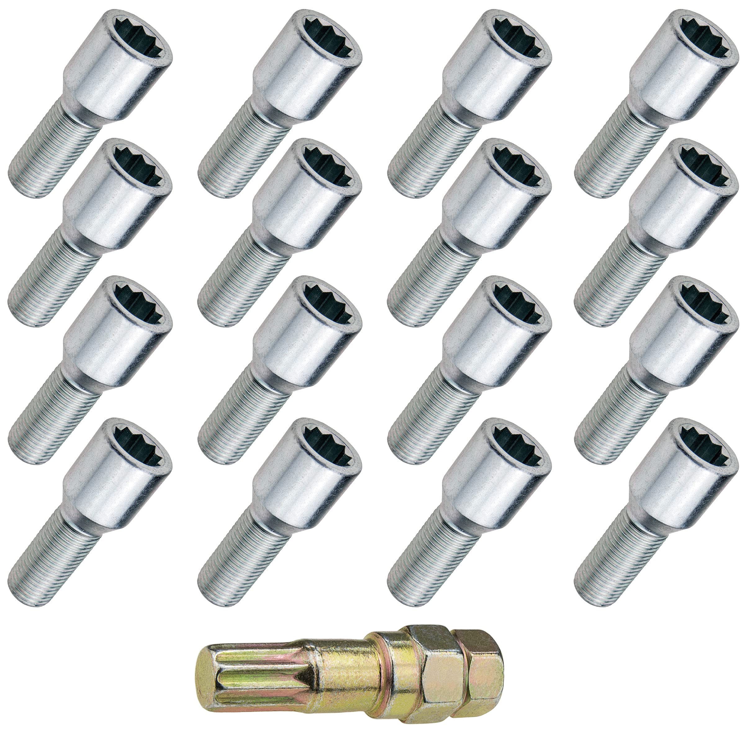 Bulloni Antifurto M14x1,5 55mm Viti a Stella per Ruote 16 Pezzi