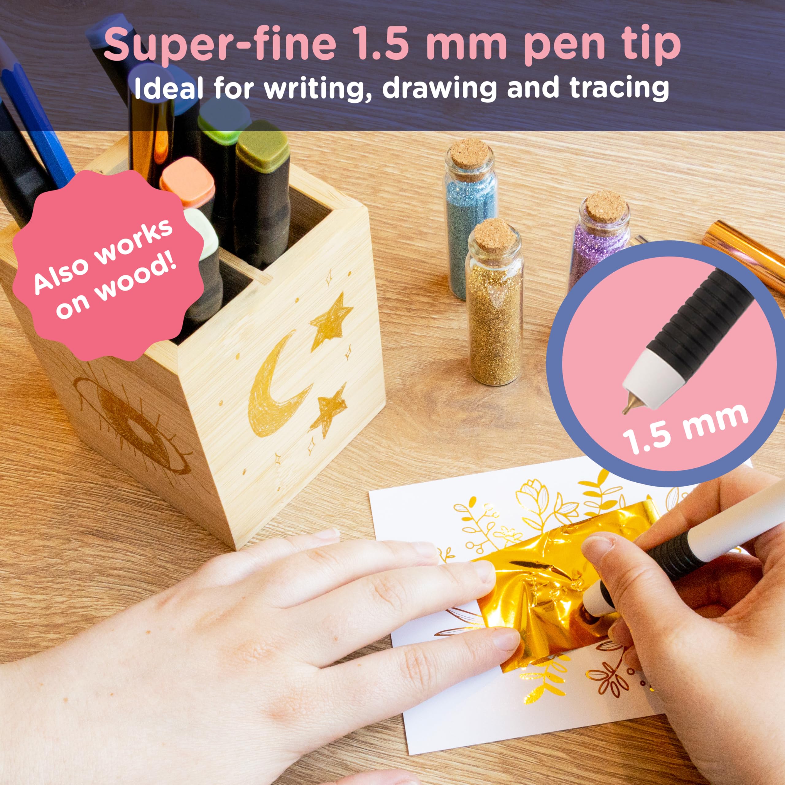 Crafts&Co® Hot Foil Pen | Penna Foil a Caldo con USB 1,5 mm Punta Fine | Penna a Sfera Attivata dal Calore per Disegnare, Creazione di Biglietti, Scrapbooking | Penna Hot Foil con USB | Bianco