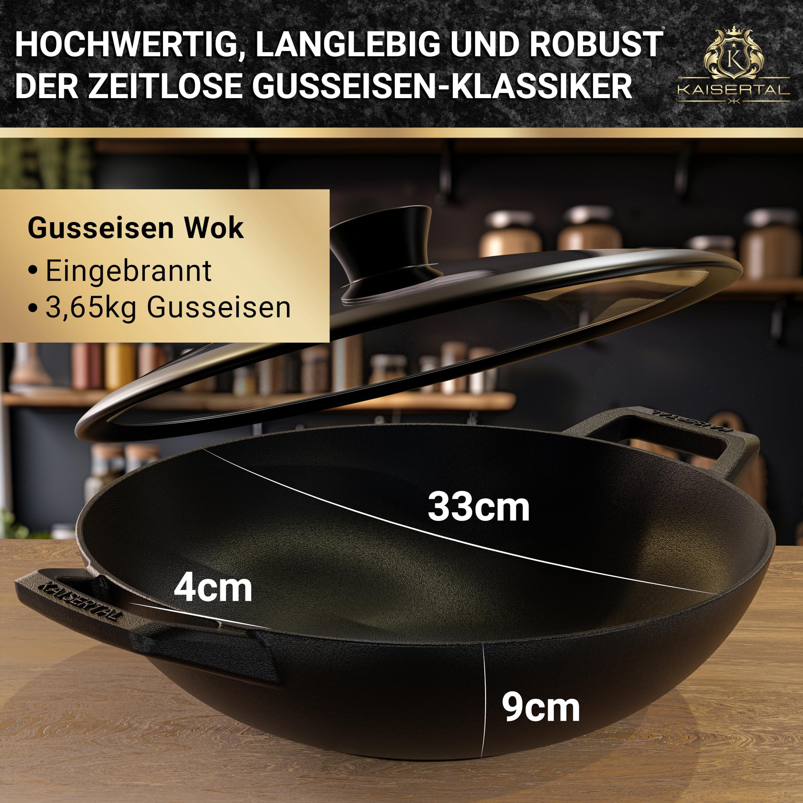 KAISERTAL® Gusseisenpfanne 32cm – Gusspfanne Induktion & Cast Iron Pan – Gusseisen Pfannen für Indoor & Outdoor, Backofengeeignet, voreingebrannt, Robuste Iron Cast Pan für Braten, Schmoren & Grillen