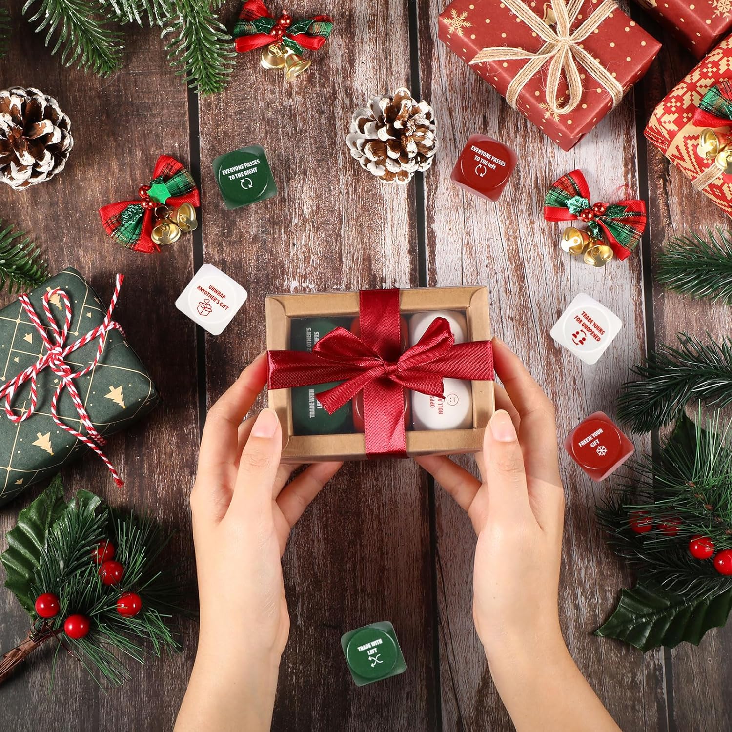 RoundFunny 6 Pcs Christmas Party Gift Exchange Dice Game Santa Swap Gift Exchange Dice White Elephant Gift Exchange Game Dice for Family Friend Coworker Volunteer Holiday Party Decoration Supplies