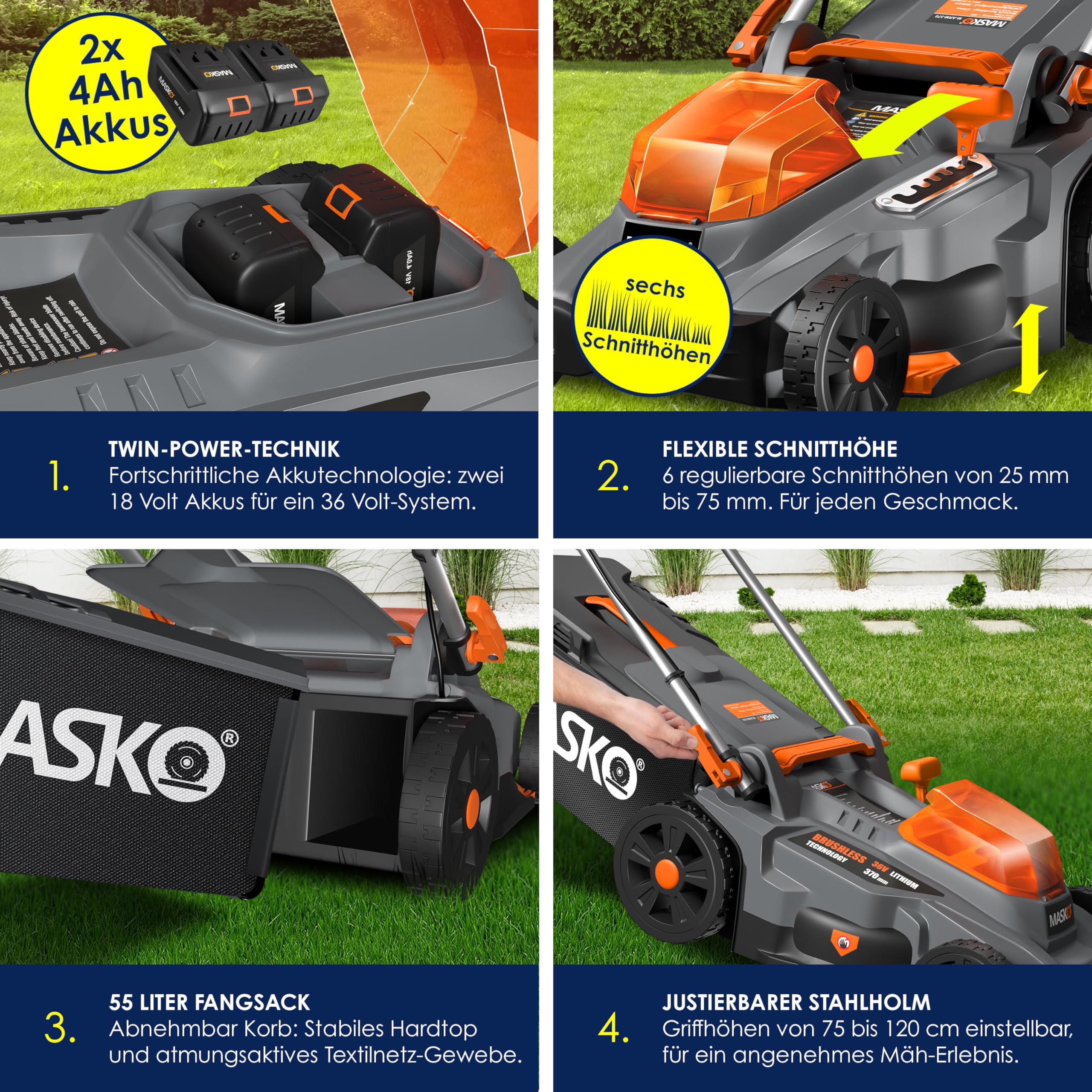 MASKO® Akku Rasenmäher mit Mulchfunktion, 2X Akkus Li-Ion Batterie 4Ah & Doppel-Ladegerät Rasentrimmer 37cm Schnitt-Breite 6X Höhenverstellbar 40L Fangkorb Flächen bis 600m² inkl. Handschuhe & Bürste