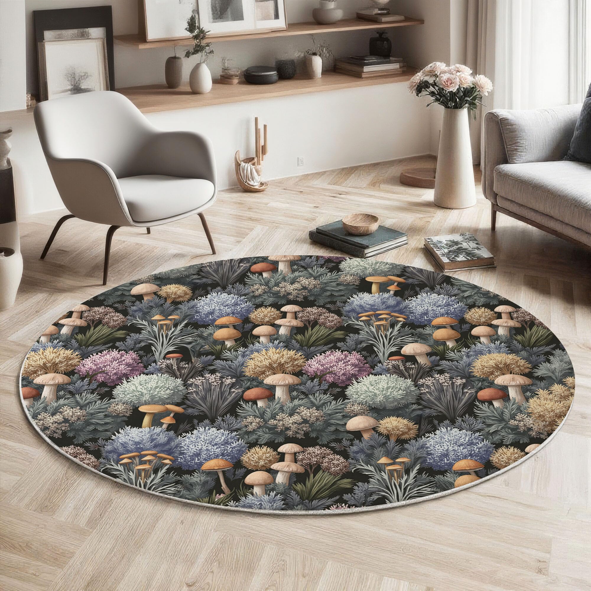 Tapis rond 100cm lavable poil bas moquette antidérapante motif plante champignon
