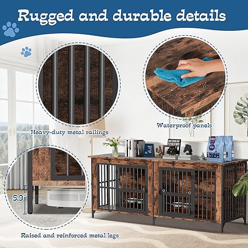 Miniatura 5 de Grepatio Mueble de jaula para perros de 79 pulgadas para 2 perros, perrera grande con cuencos giratorios de 360, jaulas dobles para perros con 4