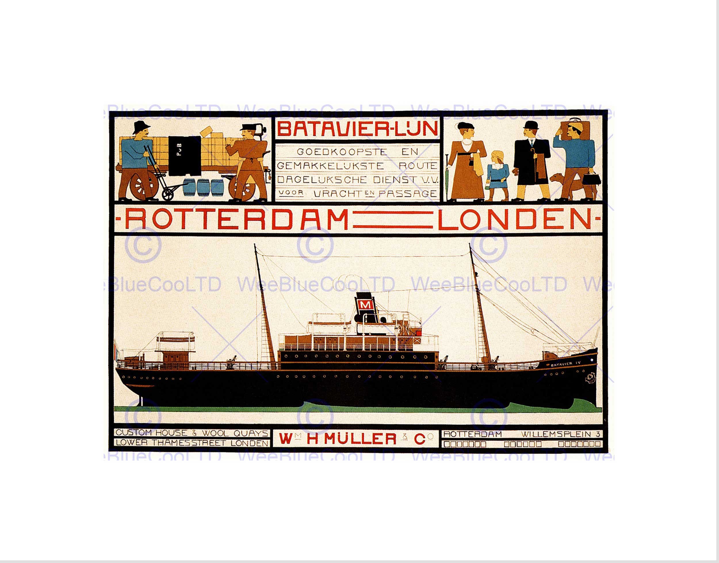 Wee Blue Coo TRAVEL BATAVIA LINE MULLER ROTTERDAM LONDON SHIP NETHERLANDS ART PRINT B12X1496