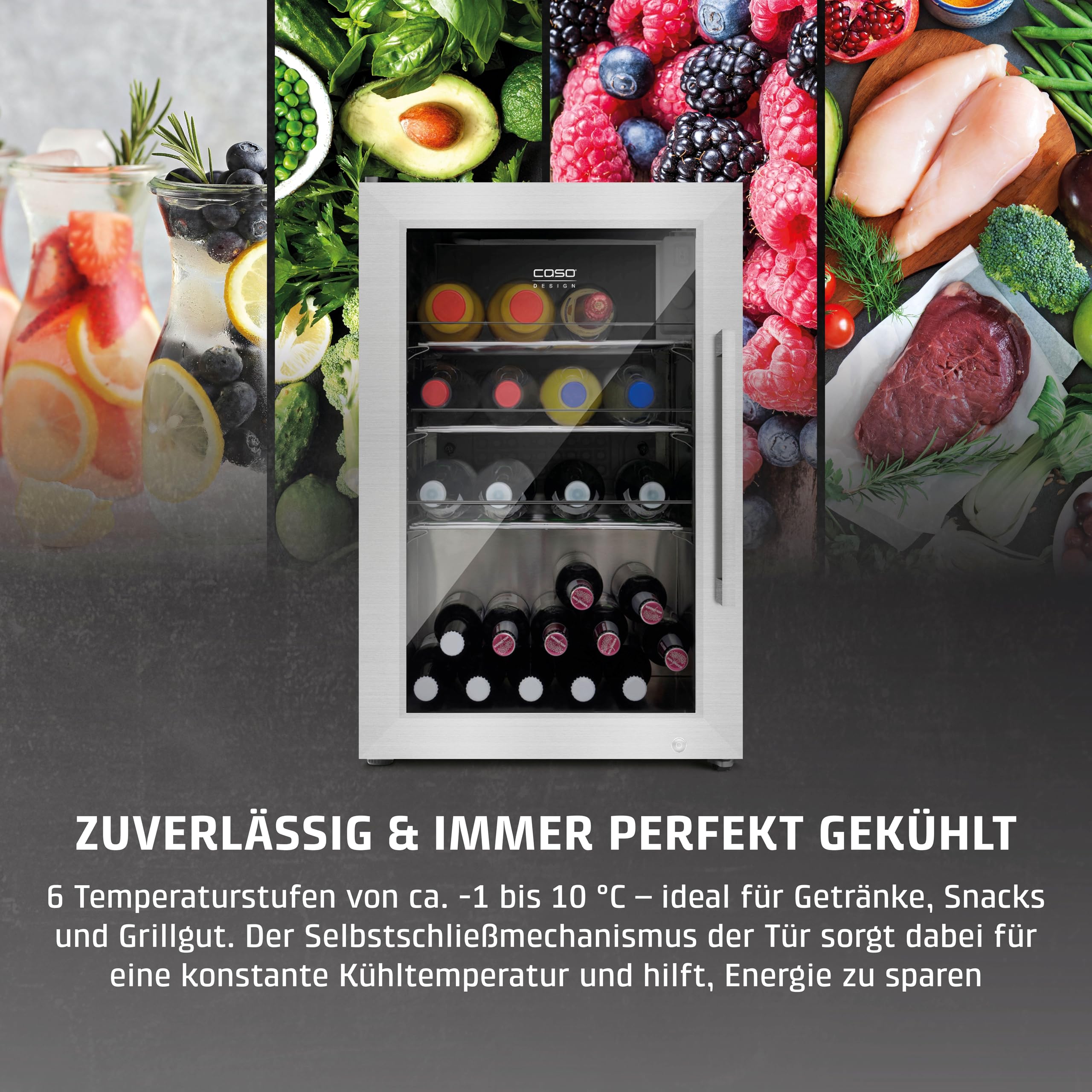 Caso BBQ Cooler S-L, Kühlschrank 63L, Türanschlag links, Temperatur -1-10°C, für Innen- und Außenbereich geeignet, IPX4/Spritzwasserschutz, Einbau geeignet, UV Sicherheistglas, abschließbar
