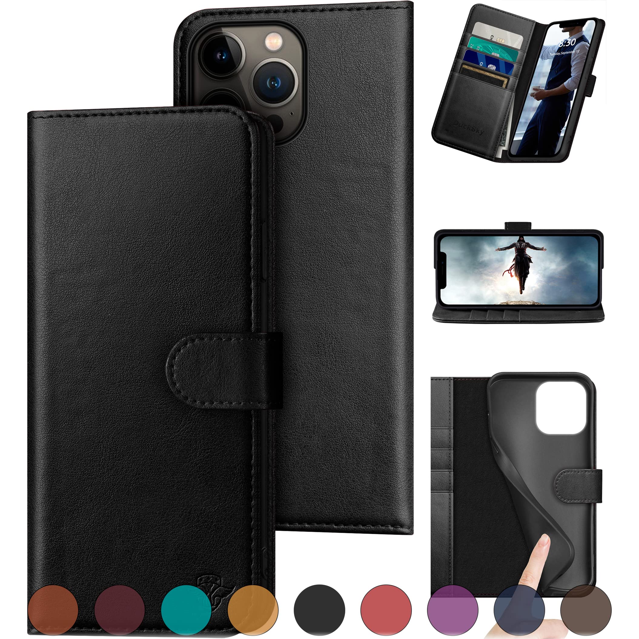 DuckSky for iPhone 13 Pro 6.1" Genuine Leather Wallet case【RFID Blocking】【4 Credit Card Holder】【Real Leather】 Flip Folio Book Protective Cover Women Men for Apple 13Pro Phone case Black