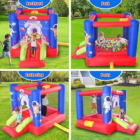 WELLFUNTIME Inflatable Bounce House Jumping Castle Slide with Blower, Kids Bouncer with Basketball Rim, 110x82.5x72.8 Inch Bouncy Castle | Kids Bouncer with Basketball Hoop, Ages 3-8, Backyard Outdoor, 110x82.5x72.8 Inch