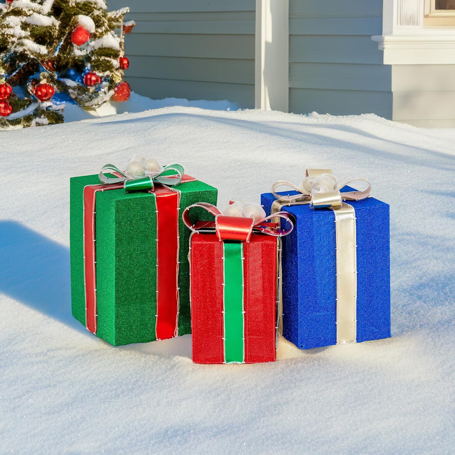 Festive 3-Piece Lighted Christmas Gift Box Set for Indoor/Outdoor