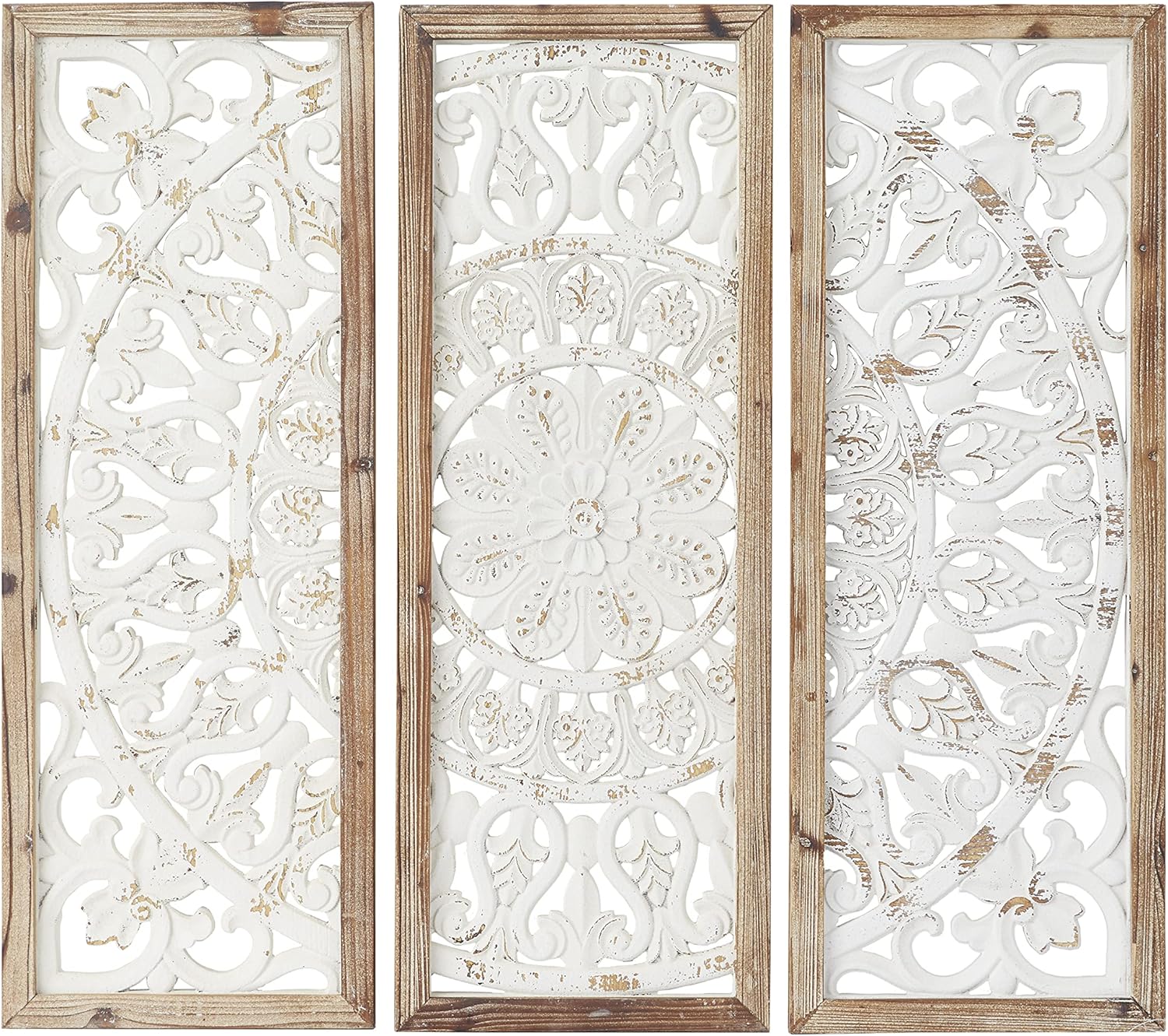Deco 79 Wood Floral Home Wall Decor Intricately Carved Wall Sculpture with Mandala Design, Set of 3 Wall Art 35", 35", 35"H, White