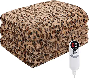 Electric Heated Blanket Throw Size 50" x 60", Super Cozy Soft with 6 Heating Levels & 3 Hours Auto Off, Soft & Comfort, Machine Washable, Home Office Use, Brown Leopard Print