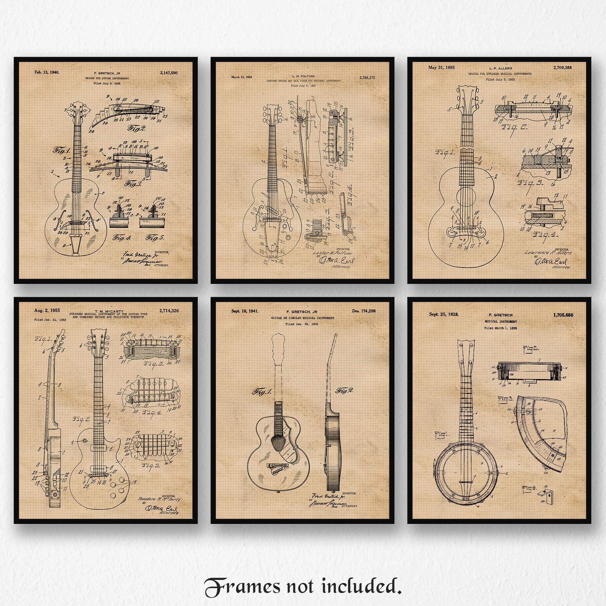 Classic Strings Guitars Patent Prints, 6 (8x10) Unframed Photos, Wall Art Decor Gift for Home Office Man Cave Gears Garage School College Student Teacher Coach Band Rock Music Gibson Gretsch Fans
